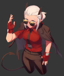 Rule 34 | 1girl, absurdres, aviator sunglasses, black horns, black necktie, black pants, blind, breasts, commentary request, cropped legs, demon girl, demon horns, demon tail, fingerless gloves, from above, gloves, grey background, helltaker, highres, horns, jacket, jacket on shoulders, jdw, justice (helltaker), large breasts, looking at viewer, looking over eyewear, looking over glasses, necktie, pants, red eyes, red gloves, red shirt, ribbon, shirt, short hair, simple background, single horn, smile, solo, sunglasses, tail, tie clip, tinted eyewear, vest, white hair, yellow-tinted eyewear, yellow-tinted glasses