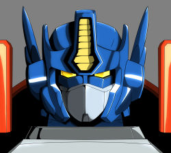 Rule 34 | 1boy, ark line, autobot, grey background, highres, looking at viewer, mecha, no humans, optimus prime, portrait, robot, science fiction, solo, transformers, transformers armada, upper body, yellow eyes