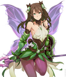 Rule 34 | 1girl, bare shoulders, braid, breasts, brown hair, gauntlets, green eyes, green valkyrie (p&amp;d), hair ornament, kurowa, long hair, pantyhose, polearm, puzzle &amp; dragons, shield, shiny clothes, single braid, skirt, small breasts, solo, spear, valkyrie (p&amp;d), weapon, wings, wood valkyrie (p&amp;d)