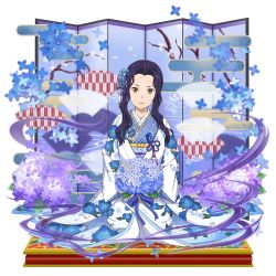 Rule 34 | 1girl, blue flower, blue ribbon, bouquet, brown eyes, closed mouth, fanatio synthesis two, faux figurine, floral print, flower, furisode, hair intakes, hair ornament, hair ribbon, highres, holding, holding bouquet, hydrangea, japanese clothes, kimono, kneeling, looking at viewer, print kimono, purple hair, purple ribbon, ribbon, short hair with long locks, sidelocks, smile, solo, sword art online, sword art online: memory defrag, white kimono