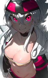 Rule 34 | 1girl, absurdres, bandeau, black shorts, breasts, choker, cleavage, closed mouth, cropped jacket, crossed bangs, goggles, goggles on head, hair between eyes, highres, jacket, looking at viewer, medium breasts, medium hair, micro shorts, navel, niwamaru (niwarhythm), niwarhythm, open clothes, open jacket, original, pink eyes, shorts, smile, solo, stomach, upper body, white hair