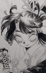 Rule 34 | 1girl, closed mouth, floating hair, fuminooco, greyscale, holding, holding sword, holding weapon, japanese clothes, katana, kimono, looking at viewer, monochrome, original, solo, sword, tassel, unfinished, upper body, weapon