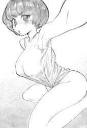 Rule 34 | 1girl, armpits, blush, bob cut, bottomless, breasts, greyscale, highres, kill la kill, kneeling, large breasts, looking at viewer, mankanshoku mako, monochrome, outstretched arm, short hair, sketch, solo, thighs, white background, zillionaire