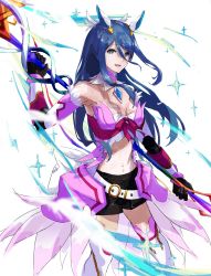 Rule 34 | 1girl, :d, absurdres, armpits, bare shoulders, belt, black shorts, blue eyes, blue hair, breasts, cleavage, cowboy shot, elbow gloves, fire emblem, gloves, hair between eyes, hair ornament, highres, holding, holding polearm, holding weapon, long hair, looking at viewer, medium breasts, midriff, navel, nintendo, open mouth, oribe tsubasa, polearm, semito310, shorts, smile, solo, sparkle, standing, thighhighs, tokyo mirage sessions fe, weapon, white background, white belt