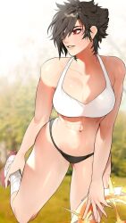Rule 34 | 1girl, bandages, bare shoulders, bike shorts, black hair, bra, breasts, cleavage, collarbone, exercising, final fantasy, final fantasy xiv, hair between eyes, highres, holding, holding weapon, hyur, large breasts, looking to the side, midriff, mole, mole under eye, navel, parted lips, red eyes, shiny skin, shishamo 712, shoes, short hair, sneakers, solo, sports bra, sportswear, stomach, thick thighs, thighs, tomboy, toned, underwear, warrior of light (ff14), weapon, white sports bra, wide hips
