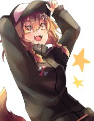 Rule 34 | 1girl, adjusting clothes, adjusting headwear, alternate costume, arms up, baseball cap, black hat, black jacket, blush, bone hair ornament, bone print, braid, breasts, brown hair, casual, commentary, cowboy shot, dog girl, dog tail, eyelashes, fangs, hair between eyes, hair ornament, hat, highres, hololive, inugami korone, jacket, long sleeves, looking at viewer, medium breasts, medium hair, open mouth, side braids, simple background, smile, solo, star (symbol), tail, track jacket, twin braids, two-tone headwear, virtual youtuber, vvbipt, white background, white hat, yellow eyes