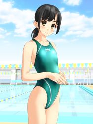 Rule 34 | 1girl, absurdres, aqua one-piece swimsuit, bench, black hair, blue sky, clothes writing, cloud, collarbone, competition swimsuit, cowboy shot, day, fence, flat chest, highleg, highleg swimsuit, highres, long hair, looking at viewer, low ponytail, one-piece swimsuit, original, outdoors, ponytail, pool, sky, smile, solo, standing, string of flags, swimsuit, takafumi, yellow eyes