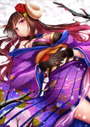 Rule 34 | 1girl, azur lane, bare shoulders, black gloves, blush, breasts, brown hair, closed mouth, colored inner hair, curled horns, eyeliner, fake horns, flower, gloves, hair flower, hair ornament, highres, horns, japanese clothes, kimono, large breasts, long hair, looking at viewer, lying, makeup, multicolored hair, necomilk, official alternate costume, on back, pink hair, purple eyes, purple kimono, red eyeliner, red flower, snow, solo, suruga (azur lane), suruga (hundred flower&#039;s auspice) (azur lane), tanuki