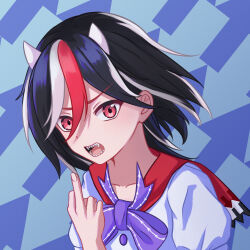 Rule 34 | 1girl, arrow (symbol), arrow print, black hair, blue background, bow, bowtie, buttons, chunjiu, collarbone, cone horns, fangs, gradient background, hair between eyes, highres, horns, kijin seija, looking at viewer, medium hair, middle finger, multicolored hair, open mouth, puffy short sleeves, puffy sleeves, purple bow, purple bowtie, red eyes, red hair, sharp teeth, shirt, short sleeves, simple background, streaked hair, teeth, touhou, v-shaped eyebrows, white hair, white horns, white shirt