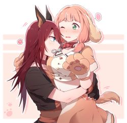 Rule 34 | 2girls, ?, animal ears, animal hands, bang dream!, blue eyes, blush, bone, collar, crop top, dog ears, dog tail, flying sweatdrops, gloves, green eyes, hug, long hair, low twintails, midriff, mouth hold, multiple girls, navel, one eye closed, open mouth, paw gloves, pink hair, re ghotion, red collar, red hair, short sleeves, skirt, spoken flying sweatdrops, spoken question mark, tail, twintails, udagawa tomoe, uehara himari
