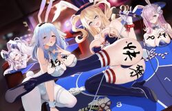 Rule 34 | 2024, 4girls, absurdres, ace (playing card), ace of diamonds, all fours, animal ear hairband, animal ears, ass, azur lane, bare shoulders, blonde hair, blue hair, blue leotard, blurry, blurry background, body writing, boots, breast rest, breasts, card, cleavage, constellation (azur lane), constellation (galaxy&#039;s finest) (azur lane), detached collar, diamond (shape), fake animal ears, fake tail, full body, gloves, guam (azur lane), guam (stage-setting charmer) (azur lane), hair between eyes, hair over one eye, hairband, happy new year, high heel boots, high heels, highres, holding, holding microphone, huge breasts, indoors, laffey (azur lane), laffey ii (azur lane), laffey ii (sleepy on a busy day) (azur lane), large breasts, leotard, long hair, looking at viewer, louisville (an order of dreams) (azur lane), louisville (azur lane), lying, microphone, multiple girls, new year, official alternate costume, on side, open mouth, pantyhose, playboy bunny, playing card, poker chip, purple hair, rabbit ears, rabbit tail, star-shaped pupils, star (symbol), symbol-shaped pupils, tail, thigh boots, thong leotard, twintails, undersized breast cup, white gloves, white hair, white leotard, white pantyhose, zhanggong