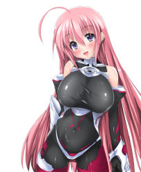 Rule 34 | 1girl, ahoge, black bodysuit, blush, bodysuit, breasts, elbow gloves, gloves, huge breasts, impossible clothes, impossible shirt, large breasts, latex, long hair, noto kurumi, original, pilot suit, pink hair, purple eyes, shiny clothes, shirt, simple background, skin tight, solo, very long hair