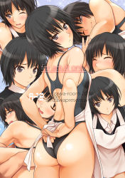Rule 34 | 1girl, amagami, apron, ass, black eyes, black hair, breasts, competition swimsuit, closed eyes, legs, long hair, looking at viewer, naked apron, nanasaki ai, one-piece swimsuit, one eye closed, open mouth, school uniform, serizawa (serizawaroom), short hair, small breasts, swimsuit, teeth, tying, upper teeth only, wince, wink