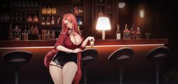 Rule 34 | 1girl, ahoge, alcohol, bar (place), bar stool, beast hunter (last origin), belt, between breasts, black belt, black bra, black collar, black shorts, bra, bra peek, bracelet, breasts, buttons, cherry, cleavage, cocktail shaker, collar, counter, cowboy shot, cross, cross earrings, cup, drink, drinking glass, earrings, food, fruit, glass bottle, hair intakes, highres, holding, holding cup, holding drink, huge ahoge, indoors, jewelry, lamp, large breasts, last origin, leather shorts, liquor, long hair, looking at viewer, nail polish, o-ring strap, o-ring suspenders, official alternate costume, official art, parted lips, partially unbuttoned, red eyes, red hair, red nails, red shirt, shelf, shirt, shorts, shot glass, sitting, sleeves rolled up, solo, stool, suspenders, tachi-e, thick eyebrows, thick thighs, thigh strap, thighs, third-party source, tunamayo (dsasd751), underwear, very long hair