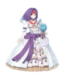 Rule 34 | 1girl, arm ribbon, bare shoulders, blue flower, blue rose, bouquet, closed mouth, detached collar, dress, expressionless, fire emblem, fire emblem: path of radiance, fire emblem: radiant dawn, fire emblem heroes, flower, formal, full body, headband, highres, holding, holding bouquet, long sleeves, looking at viewer, medium hair, nintendo, non-web source, official alternate costume, official art, purple hair, purple ribbon, ribbon, rose, sanaki kirsch altina, solo, strapless, strapless dress, transparent background, wedding dress, white dress, yellow ribbon