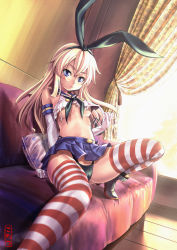 Rule 34 | 10s, 1girl, artist name, black panties, blonde hair, blue eyes, blush, bow, breasts, cameltoe, couch, crop top, crop top overhang, curtains, elbow gloves, gloves, hair bow, highres, kantai collection, koyuki (kotatsu358), long hair, looking at viewer, md5 mismatch, microskirt, midriff, panties, personification, pillow, pleated skirt, ribbon, school uniform, serafuku, shimakaze (kancolle), skirt, solo, striped clothes, striped thighhighs, thighhighs, thong, torn clothes, underboob, underwear, window