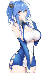 Rule 34 | 1girl, ahoge, azur lane, bare shoulders, biting, blue hair, breasts, cleavage, commentary request, cowboy shot, dress, elbow gloves, glove biting, gloves, hair between eyes, highres, large breasts, long hair, mouth hold, nakatama kyou, pink eyes, short dress, side ponytail, sidelocks, simple background, solo, st. louis (azur lane), standing, thighs, white background
