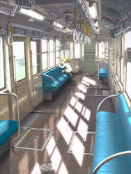 Rule 34 | androgynous, animal ears, cat ears, cat tail, empty, gender request, indoors, kitsupon, kneeling, light, lonely, original, sitting, solo, tail, train, train interior, vanishing point