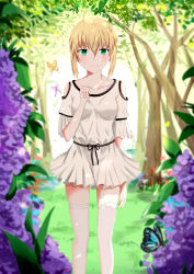 Rule 34 | 1girl, absurdres, ahoge, arm up, artoria pendragon (all), artoria pendragon (fate), blonde hair, blush, bug, butterfly, closed mouth, dress, eyebrows, fate/stay night, fate (series), flower, grass, green eyes, highres, ice spirit tarot, insect, looking at viewer, plant, saber (fate), short hair, smile, solo, standing, thighhighs, thighs, tree, white thighhighs