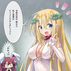 Rule 34 | 2girls, :d, animal ears, black leotard, blonde hair, blue eyes, blush, breasts, cleavage, collar, commentary request, dress, earrings, elbow gloves, flying sweatdrops, glint, gloves, hair between eyes, hand up, highres, index finger raised, jewelry, large breasts, laurel crown, leotard, long hair, multiple girls, notice lines, open mouth, original, pointy ears, rabbit ears, rabbit girl, red collar, red hair, ryogo, smile, strapless, strapless leotard, translation request, upper body, usami tsuitachi, v-shaped eyebrows, very long hair, white dress, white gloves