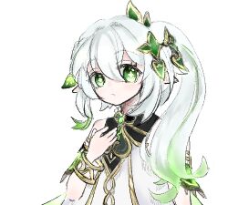Rule 34 | 1girl, armlet, bare shoulders, child, closed mouth, genshin impact, gradient hair, green eyes, green hair, grey hair, hair between eyes, hand on own chest, long hair, looking at viewer, lowres, multicolored hair, nahida (genshin impact), simple background, solo, upper body, user siffo, white background