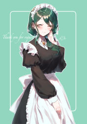 Rule 34 | 1girl, absurdres, apron, black dress, bolo tie, breasts, closed eyes, commission, dress, eshineko, facing viewer, green background, green hair, hand up, highres, indie virtual youtuber, long hair, long sleeves, maid, maid apron, maid headdress, medium breasts, pixiv commission, smile, solo, sumi suya, thank you, virtual youtuber, wrist cuffs