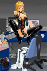 Rule 34 | 1girl, absurdres, anal beads, ball gag, bdsm, blonde hair, blush, boots, breasts, brown eyes, collar, computer, corset, dildo, elbow gloves, female focus, female masturbation, gag, glasses, gloves, grabbing, grabbing another&#039;s breast, high heels, highres, keyboard (computer), lace, large breasts, latex, latex gloves, looking at viewer, masturbation, nipples, painttool sai, riding crop, sex toy, shoes, sitting, solo, string, sunriseblue, thighhighs, vibrator, wrist cuffs
