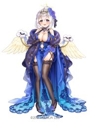 Rule 34 | 1girl, :d, ahoge, angel wings, angelic link, black thighhighs, blue dress, blue flower, blue rose, blush, breasts, commentary request, dress, flower, full body, grey hair, hair flower, hair ornament, halo, highres, large breasts, looking at viewer, michael (angelic link), navel, official art, open mouth, pico (p i c o), purple eyes, rose, see-through, see-through dress, short hair, simple background, smile, solo, standing, tachi-e, thighhighs, white background, wings, yellow wings