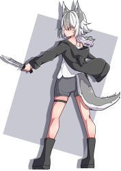 Rule 34 | 1girl, absurdres, animal ear fluff, animal ears, bare shoulders, black footwear, black jacket, blush, boots, camisole, closed mouth, commentary request, drop shadow, eyes visible through hair, from behind, full body, grey background, grey hair, grey shorts, highres, holding, holding knife, hood, hood down, hooded jacket, jacket, knife, kuroyuri (sakurayuki lily), multicolored hair, off shoulder, open clothes, open jacket, original, profile, short shorts, shorts, skindentation, solo, standing, tail, two-tone background, two-tone hair, white background, white camisole, white hair