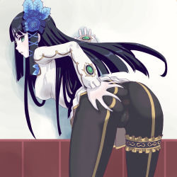 Rule 34 | 1girl, against wall, anus, arm support, ass, ass grab, bent over, black hair, cleft of venus, deep skin, from behind, grabbing own ass, green eyes, hair ornament, hou (hachiyou), long hair, looking back, nagisa (psp2i), no panties, pantyhose, phantasy star, phantasy star portable 2, phantasy star portable 2 infinity, pussy, skin tight, solo, uncensored