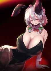Rule 34 | 1girl, absurdres, alternate breast size, animal ears, blue eyes, blush, bow, bowtie, braid, breasts, cleavage, detached collar, fishnets, gomeifuku, highres, huge breasts, izayoi sakuya, leotard, maid headdress, pantyhose, playboy bunny, rabbit ears, silver hair, simple background, smile, smug, solo, squeezing, touhou
