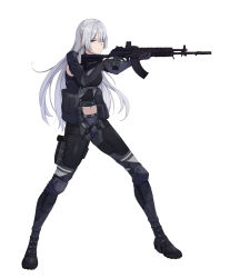 Rule 34 | 1girl, ak-15, ak-15 (girls&#039; frontline), assault rifle, black footwear, black gloves, braid, breasts, closed mouth, french braid, from side, full body, girls&#039; frontline, gloves, gun, headphones, highres, holding, holding gun, holding weapon, holstered, kalashnikov rifle, knee pads, long hair, looking to the side, navel, purple eyes, rifle, sidelocks, silver hair, solo, standing, tactical clothes, weapon, white background, wsfw