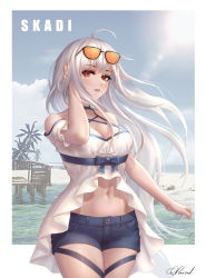 Rule 34 | 1girl, absurdres, ahoge, arknights, arm up, bare shoulders, black-framed eyewear, black shorts, blouse, blue bow, blue sky, blush, border, bow, breasts, character name, cleavage, cloud, cowboy shot, day, eyewear on head, hand in own hair, highres, kie (wylee2212), large breasts, lens flare, long hair, looking at viewer, medium breasts, navel, ocean, official alternate costume, orange-tinted eyewear, outdoors, outside border, parted lips, red eyes, shirt, short shorts, short sleeves, shorts, signature, silver hair, skadi (arknights), skadi (waverider) (arknights), sky, solo, standing, stomach, sun, sunglasses, thighs, tinted eyewear, very long hair, water, white border, white shirt