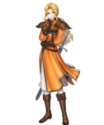 Rule 34 | 1girl, armor, belt, blonde hair, boots, brigid (fire emblem), brown footwear, eyvel, fire emblem, fire emblem: thracia 776, full body, gloves, highres, knee boots, long sleeves, nintendo, official art, pantyhose, parted bangs, solo, sword, transparent background, weapon, yellow eyes