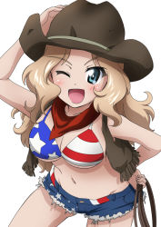 Rule 34 | 1girl, ;d, american flag, american flag bikini, american flag print, arm behind back, bandana, bikini, bikini top only, bikini under clothes, blonde hair, blue eyes, blue shorts, blush, breasts, brown vest, cleavage, commentary, cowboy shot, cutoffs, denim, denim shorts, flag print, girls und panzer, hair intakes, hand on headwear, hand on own hip, holding, kanau, kay (girls und panzer), large breasts, leaning forward, long hair, looking at viewer, navel, one eye closed, open clothes, open mouth, open vest, print bikini, rope, shorts, simple background, smile, solo, standing, swimsuit, vest, white background