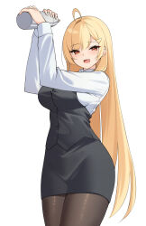 Rule 34 | 1girl, absurdres, ahoge, arms up, black skirt, black vest, blonde hair, breasts, brown pantyhose, cocktail shaker, cowboy shot, hair ornament, hairclip, highres, jingburger, large breasts, long hair, long sleeves, looking at viewer, miniskirt, open mouth, pantyhose, pencil skirt, red eyes, shirt, simple background, skirt, smile, solo, very long hair, vest, virtual youtuber, waktaverse, white background, white shirt, ziro (zirorong)