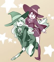 Rule 34 | 2girls, artist request, broom, broom riding, commentary request, diana cavendish, hat, kagari atsuko, little witch academia, multiple girls, multiple riders, open mouth, pointing, v-shaped eyebrows, witch hat