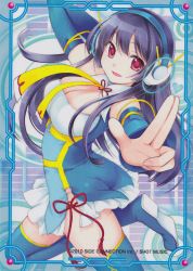 Rule 34 | 1girl, bare shoulders, breasts, cleavage, dress, ginta, hanasaki tao, headphones, long hair, looking at viewer, open mouth, purple hair, red eyes, scan, smile, solo, super shot3 -bishoujo game remix collection-, tagme, thighhighs, trading card