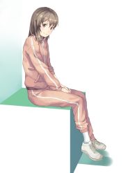 Rule 34 | 10s, 1girl, brown eyes, brown hair, eichisu, full body, highres, kyouno madoka, looking at viewer, rinne no lagrange, shoes, short hair, simple background, sitting, sleeves pushed up, smile, sneakers, solo, track suit
