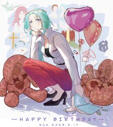 Rule 34 | 2boys, 2girls, absurdres, aqua hair, black footwear, black shirt, blue eyes, book, breasts, character name, chinese commentary, cleavage, closed mouth, coat, commentary request, english text, enomoto george, enomoto kazue, enomoto noa, happy birthday, hatsutori hajime, head rest, high heels, highres, long sleeves, low ponytail, medium breasts, multiple boys, multiple girls, pants, parted bangs, pencil, red pants, saibou shinkyoku, shirt, side ponytail, solo focus, squatting, white coat, yuantianshishangdaren