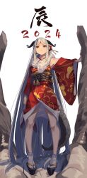 Rule 34 | 1girl, 2024, :/, absurdres, chinese zodiac, dragon, dragon girl, dragon horns, dragon tail, facial mark, forehead mark, full body, fur collar, grey hair, hair ornament, highres, horns, japanese clothes, kanzashi, kimono, long hair, looking at viewer, new year, obi, okobo, original, rasetsu001, red eyes, red kimono, sandals, sash, socks, solo, tabi, tail, tassel, very long hair, white socks, wide sleeves, year of the dragon