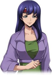 Rule 34 | 1girl, arm at side, artist request, blue hair, breasts, closed mouth, code geass, code geass: lost stories, collarbone, cropped jacket, cropped torso, female focus, game cg, green shirt, grey eyes, hand up, happy, headband, inoue naomi (code geass), jacket, long hair, long sleeves, looking at viewer, medium breasts, non-web source, official art, open clothes, open jacket, purple jacket, red headband, shirt, sidelocks, simple background, smile, solo, standing, transparent background, upper body