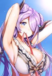 Rule 34 | 10s, 1girl, aldehyde, armpits, arms behind head, arms up, bare shoulders, between breasts, bikini, blue eyes, blush, breasts, cleavage, demon horns, double bun, draph, frilled bikini, frills, granblue fantasy, hair ornament, hair over one eye, highres, horns, large breasts, light purple hair, long hair, looking at viewer, mouth hold, narmaya (granblue fantasy), solo, swimsuit, wet, white bikini