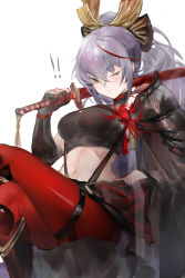 Rule 34 | !, !!, 1girl, absurdres, akafuyu (arknights), arknights, black gloves, black shirt, closed mouth, commentary, crop top, elbow gloves, feet out of frame, gloves, highres, holding, holding sword, holding weapon, katana, leggings, liuli yuanxiaoniao, long hair, looking at viewer, midriff, mole, mole under mouth, multicolored hair, navel, one eye closed, pantyhose, ponytail, purple hair, red hair, red pantyhose, shirt, simple background, sitting, skin tight, sleeveless, sleeveless shirt, solo, streaked hair, sword, weapon, white background, yellow eyes