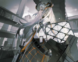 Rule 34 | 1girl, absurdres, arknights, belt, black choker, black skirt, bridge, building, choker, closed mouth, commentary, dragon horns, earclip, hair over one eye, high-waist skirt, highres, holding, holding shield, holding weapon, horns, id card, light particles, long hair, long sleeves, looking at viewer, orange eyes, outdoors, saria (arknights), shield, shirt, silver hair, skirt, solo, syringe gun, upper body, weapon, white shirt, zichuan (2119589183)