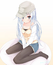 Rule 34 | 10s, 1girl, between legs, black pantyhose, breasts, casual, full body, hand between legs, hat, hibiki (kancolle), kantai collection, mil (siratamamil), no shoes, pantyhose, sitting, small breasts, solo, wariza, white hair