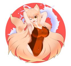 Rule 34 | 10s, 1girl, absurdres, animal ear fluff, animal ears, blonde hair, blush, breasts, cleavage, fang, fate/extra, fate/extra ccc, fate/extra ccc fox tail, fate/grand order, fate (series), fox ears, fox tail, highres, kulettula, large breasts, long hair, looking at viewer, one eye closed, open mouth, smile, solo, suzuka gozen (fate), swimsuit, tail, very long hair, yellow eyes