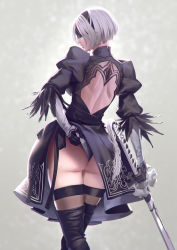 Rule 34 | 1girl, adjusting clothes, adjusting leotard, ass, black blindfold, black dress, blindfold, bow, clothes lift, commentary request, dress, dress lift, flat ass, from behind, gloves, hair bow, highres, juliet sleeves, katana, leotard, long sleeves, moruga, nier (series), nier:automata, puffy sleeves, revision, short dress, short hair, solo, sword, thighs, weapon, white hair, 2b (nier:automata)