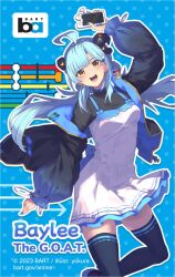 Rule 34 | 1girl, ahoge, arm up, bay area rapid transit, black shirt, black thighhighs, blue background, blue hair, blue nails, breasts, commentary, commission, dress, english commentary, english text, head tilt, holding, holding phone, long hair, long sleeves, looking at viewer, nail polish, open mouth, original, phone, pinafore dress, puffy long sleeves, puffy sleeves, shirt, sleeveless, sleeveless dress, small breasts, solo, thighhighs, white dress, yellow eyes, yokura (yukilina), zettai ryouiki