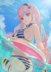 Rule 34 | 1girl, anchor hair ornament, ass, bikini, braid, breasts, choker, cloud, fish, hair ornament, hairband, highres, hololive, innertube, lens flare, long hair, looking at viewer, medium breasts, minato aqua, minato aqua (hololive summer 2019), multicolored hair, nakashima (pluscolor), open mouth, partially submerged, partially underwater shot, pink hair, purple eyes, sideboob, sky, solo, streaked hair, striped bikini, striped clothes, swim ring, swimsuit, twin braids, underwater, very long hair, virtual youtuber, water